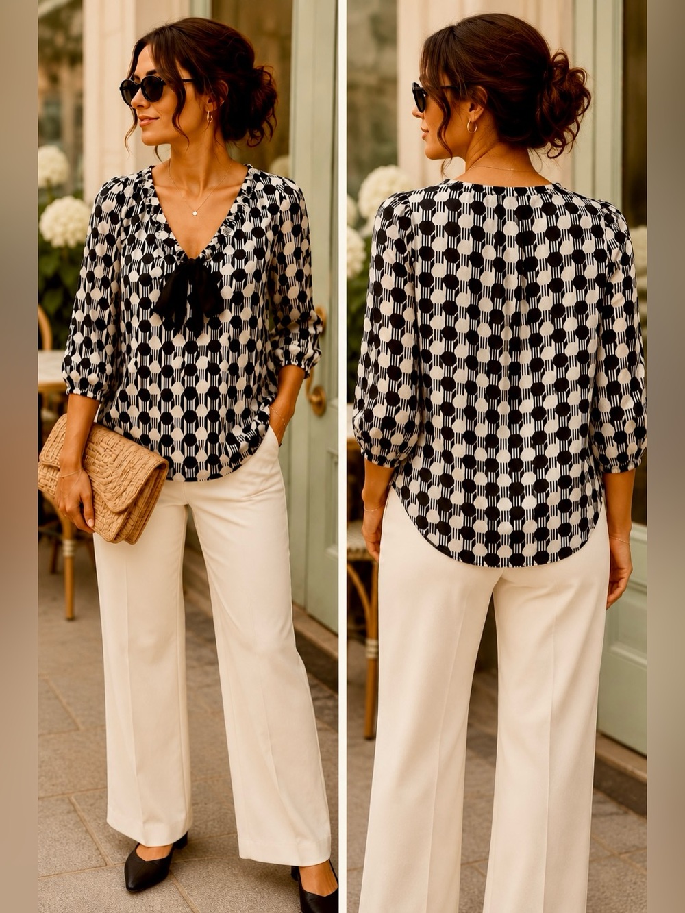 LOFT Black & Ivory Geometric Print Bow Tie Blouse | XS